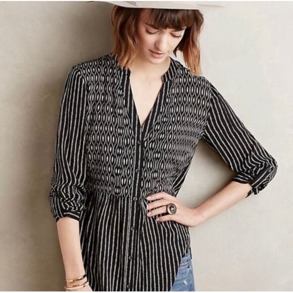 Anthropologie Maeve Calia Black White Printed Button Front Tunic Top Size 2 - Picture 2 of 10